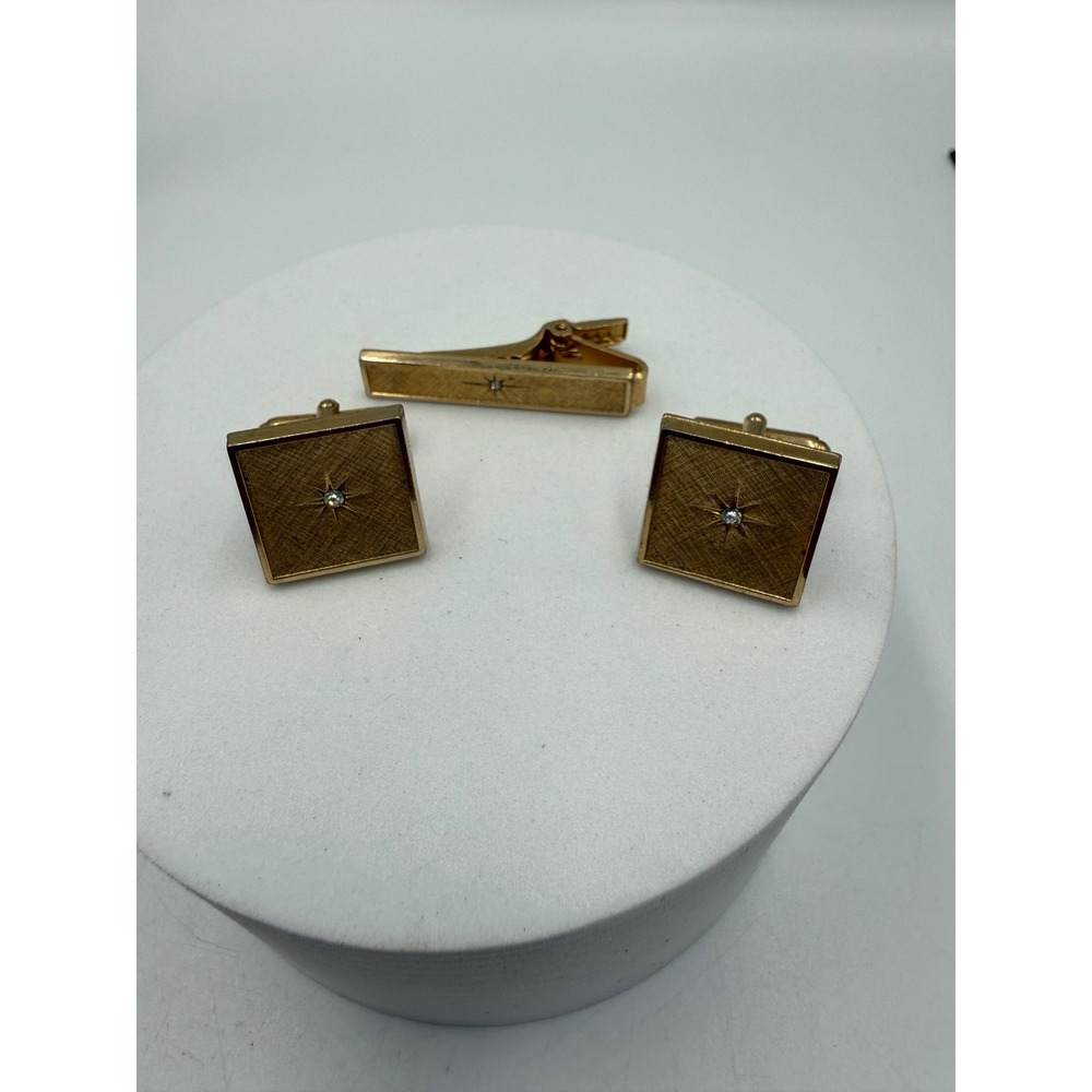 Vintage Anson Gold Tone Cufflinks Tie Clip Set Starburst Rhinestone Textured